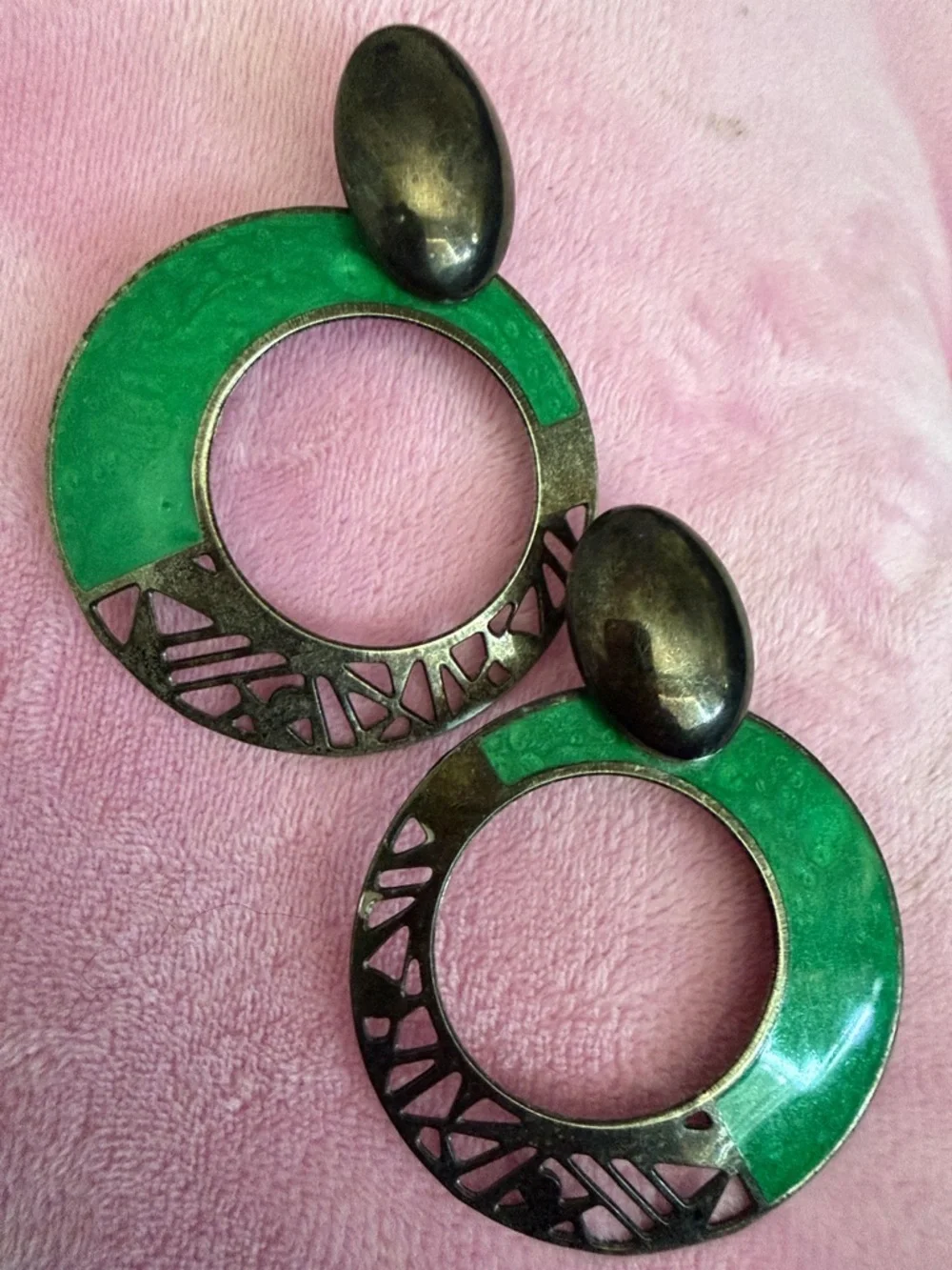 Vintage Modernist Design Green Hoop Drop Earrings - Women Jewelry - Picture 2 of 5